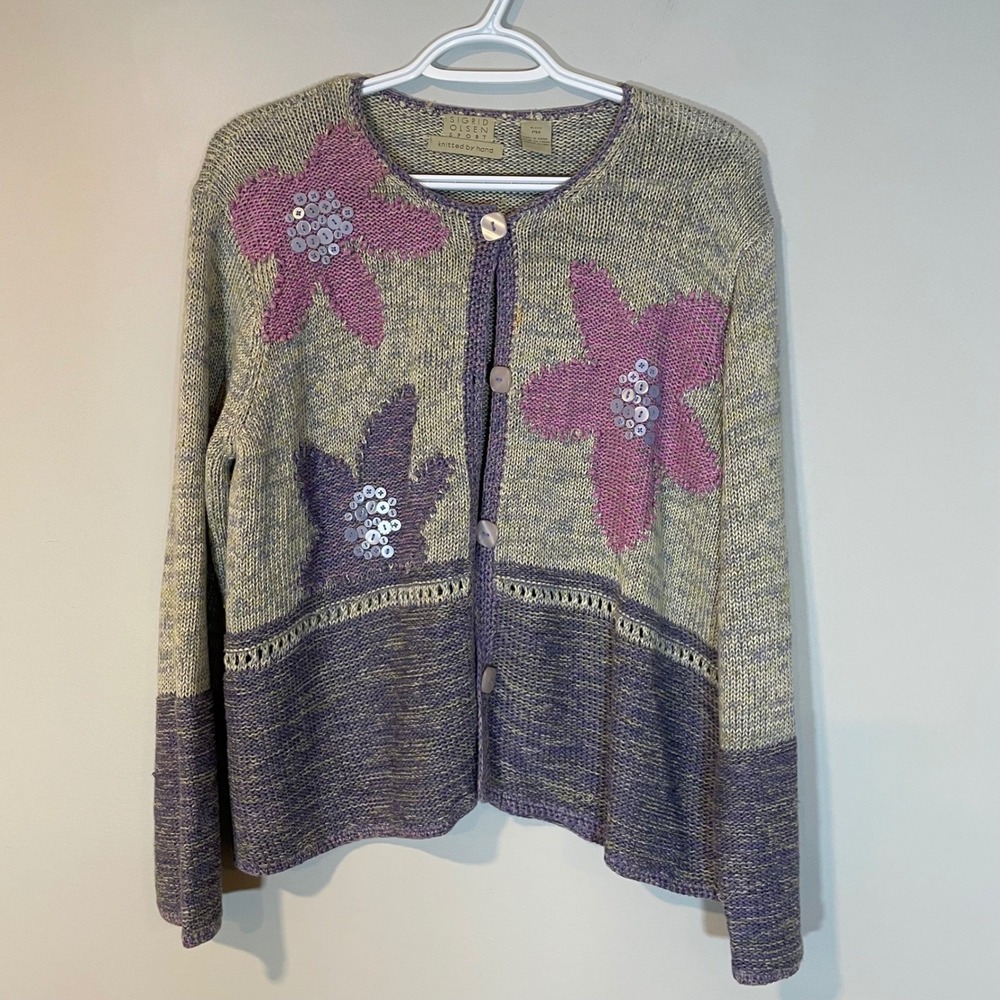 Sigrid Olsen Sport Hand Knit Linen Floral Sequin Cardigan Purple Petite M‎ Art